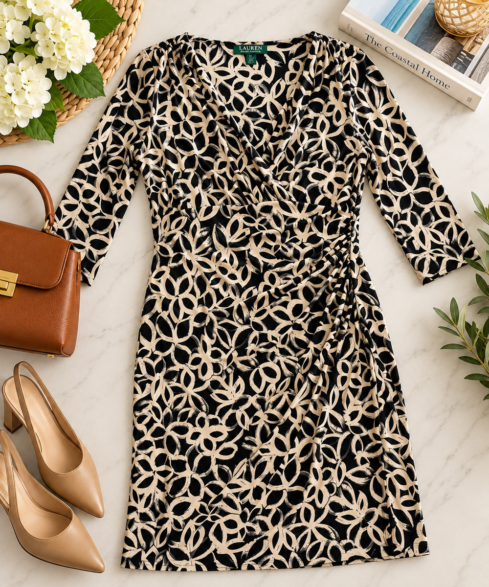 Lauren Ralph Lauren Black Tan Floral Faux Wrap Ruched Dress Size 2XL